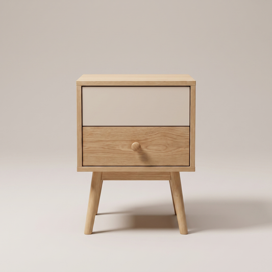 Alvorum Norda Minimalist Two-Drawer Nightstand front view showing wood-grain drawer fronts