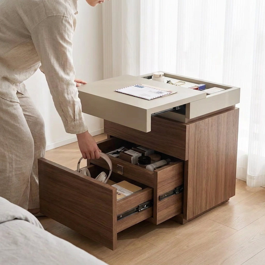 Hidden compartment bedside table - lifestyle in use