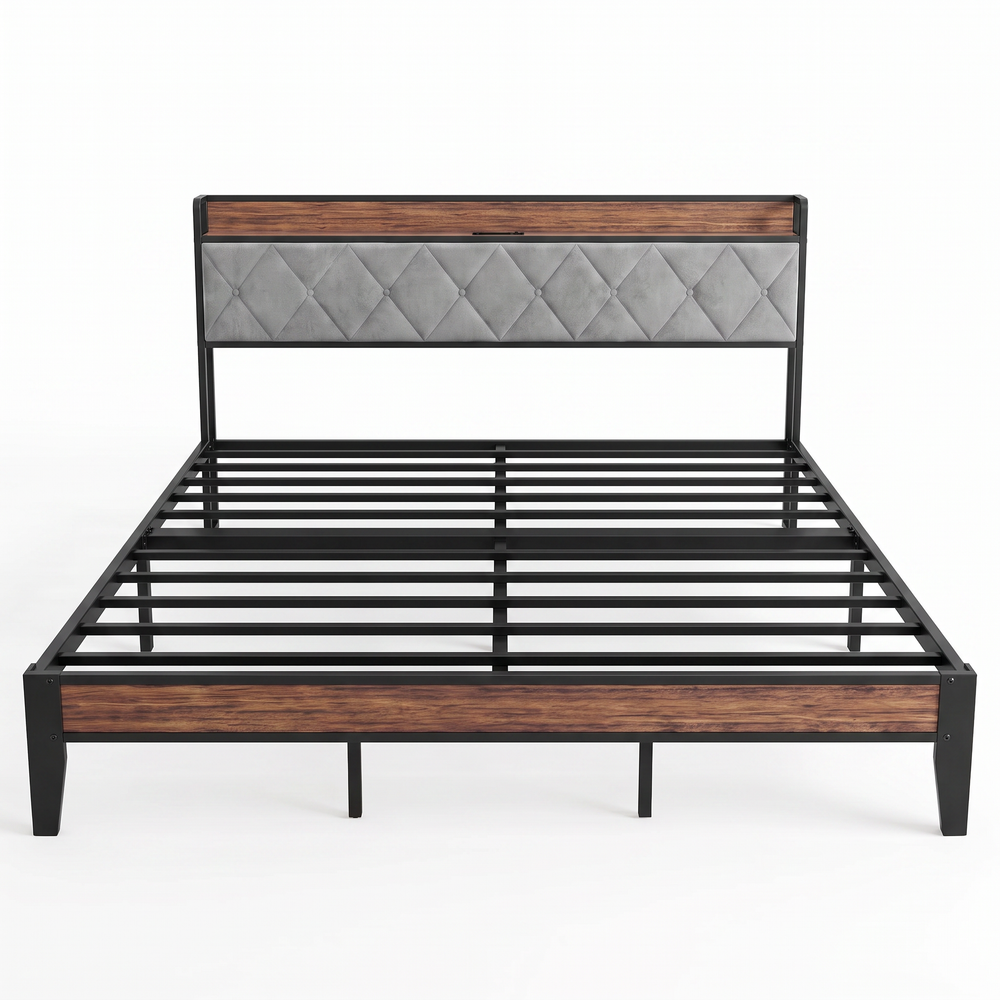 King Metal Bed Frame with Charging Headboard – Heavy Duty