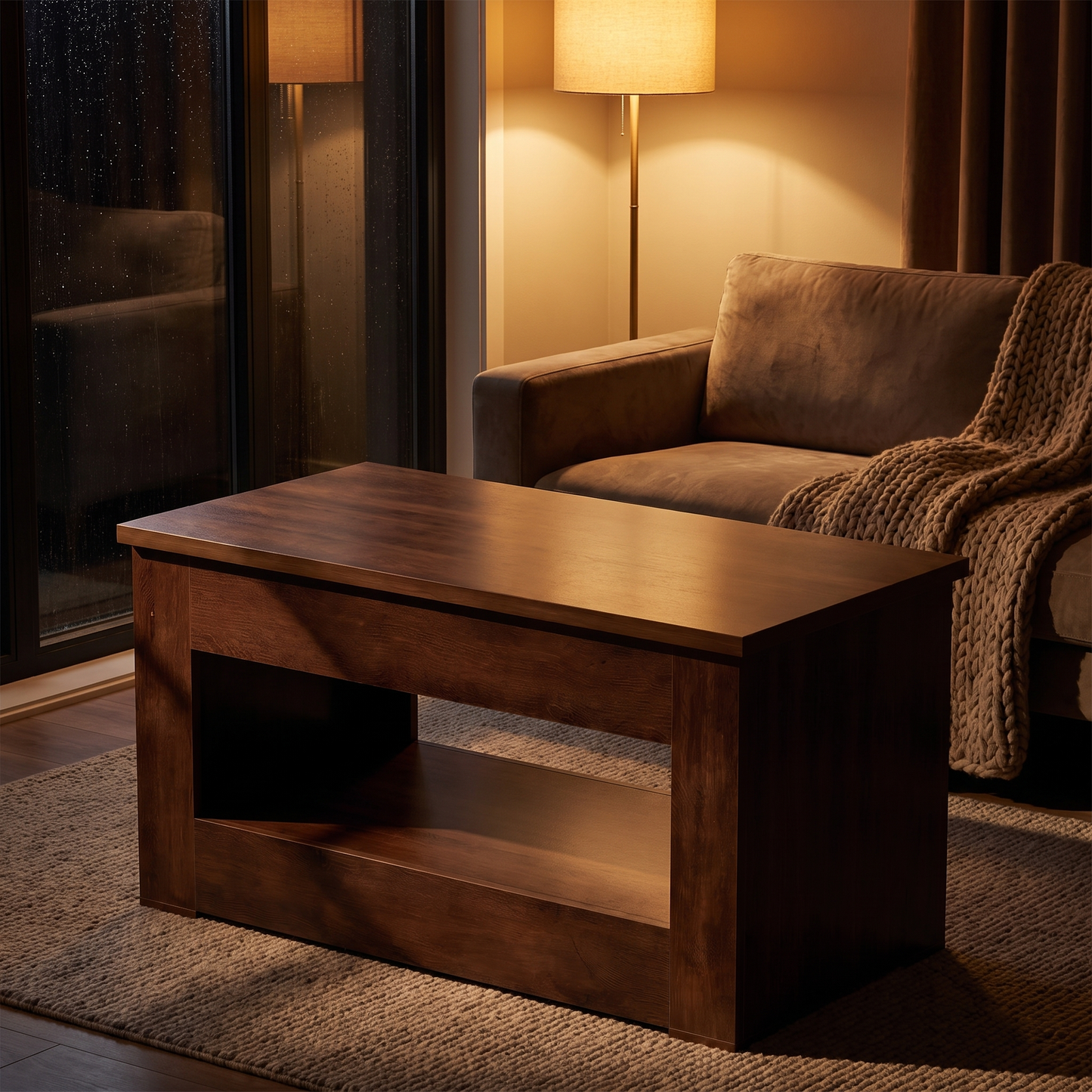 Solvi lift-top coffee table - lifestyle evening