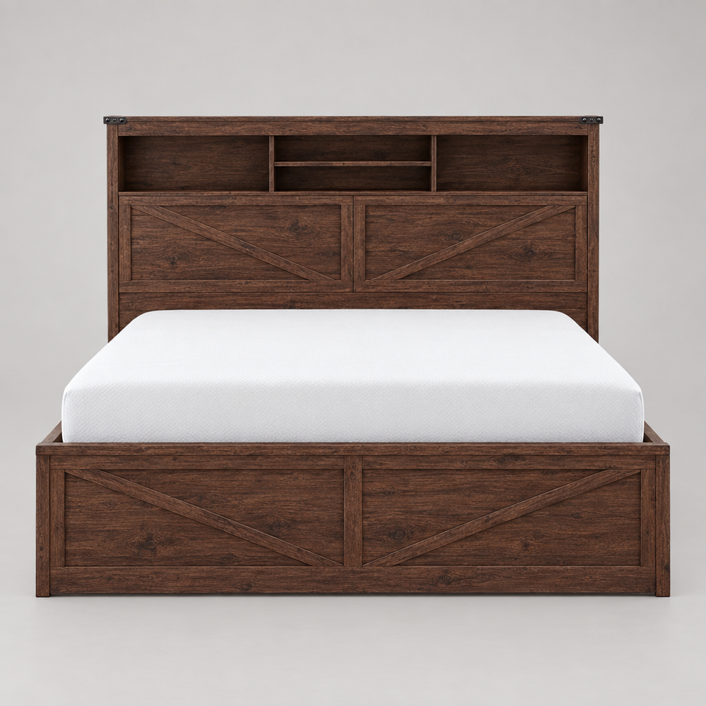 Bram Farmhouse King Storage Bed Frame Bookcase Headboard LED Charging Four Drawers