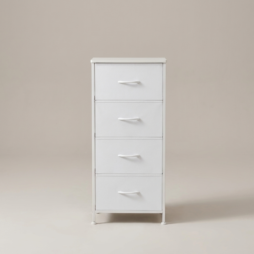 Sloane White Four Drawer Fabric Dresser Narrow Steel Frame Bedroom Storage Tower