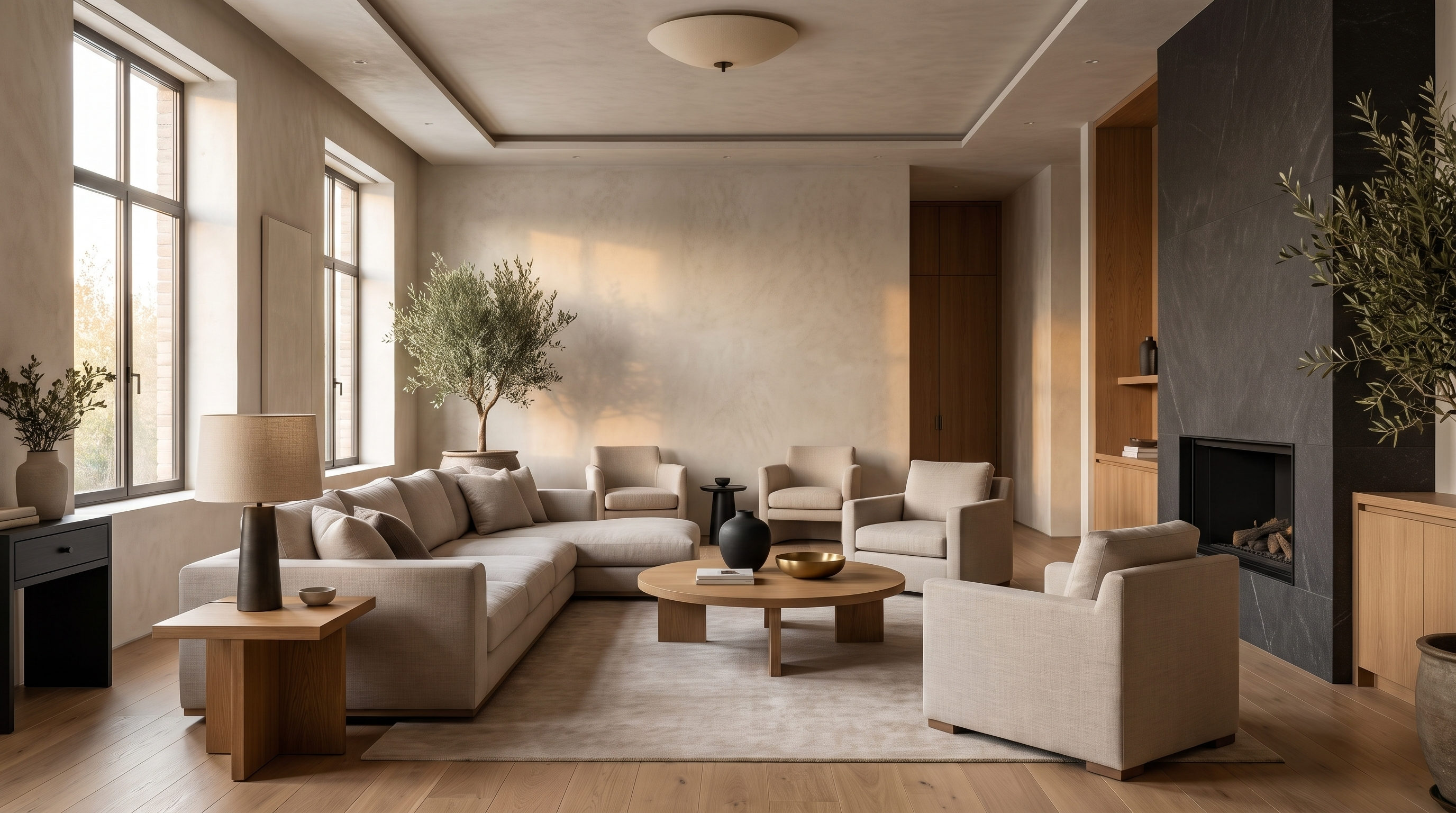 Alvorum modern living room with warm oak and neutral linen