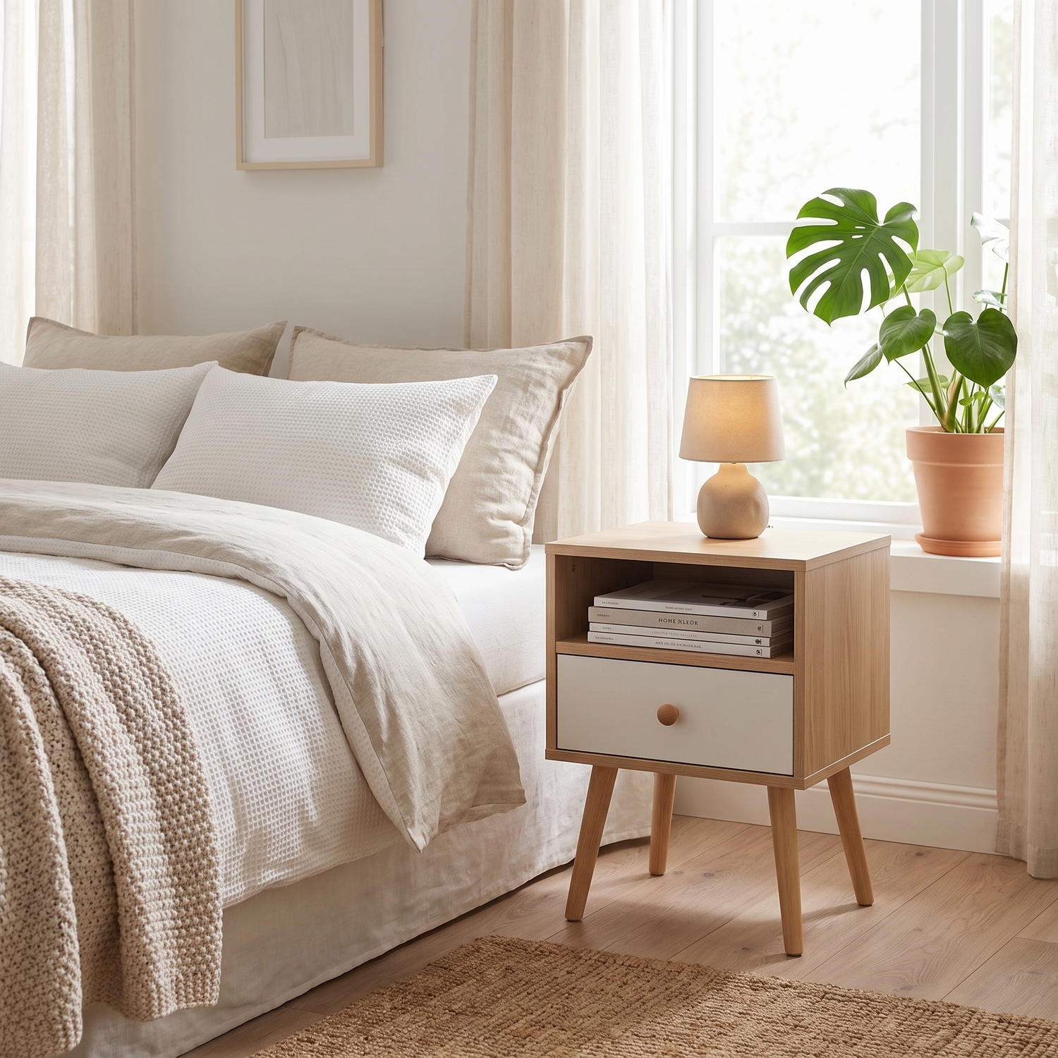 Alvorum Norda Minimalist Two-Drawer Nightstand shown beside a bed in a modern Scandinavian bedroom