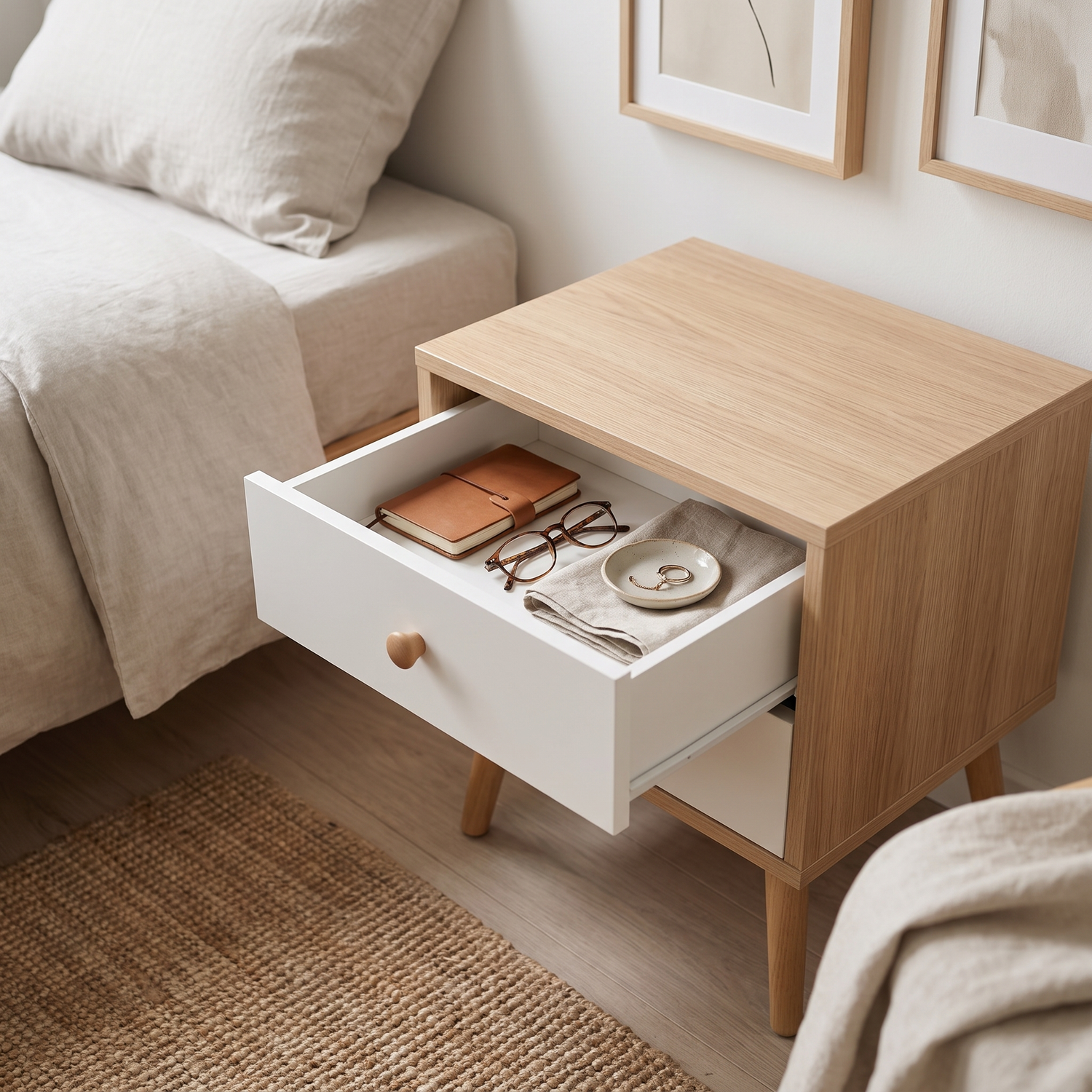 Alvorum Norda Minimalist Two-Drawer Nightstand with top drawer open revealing storage space