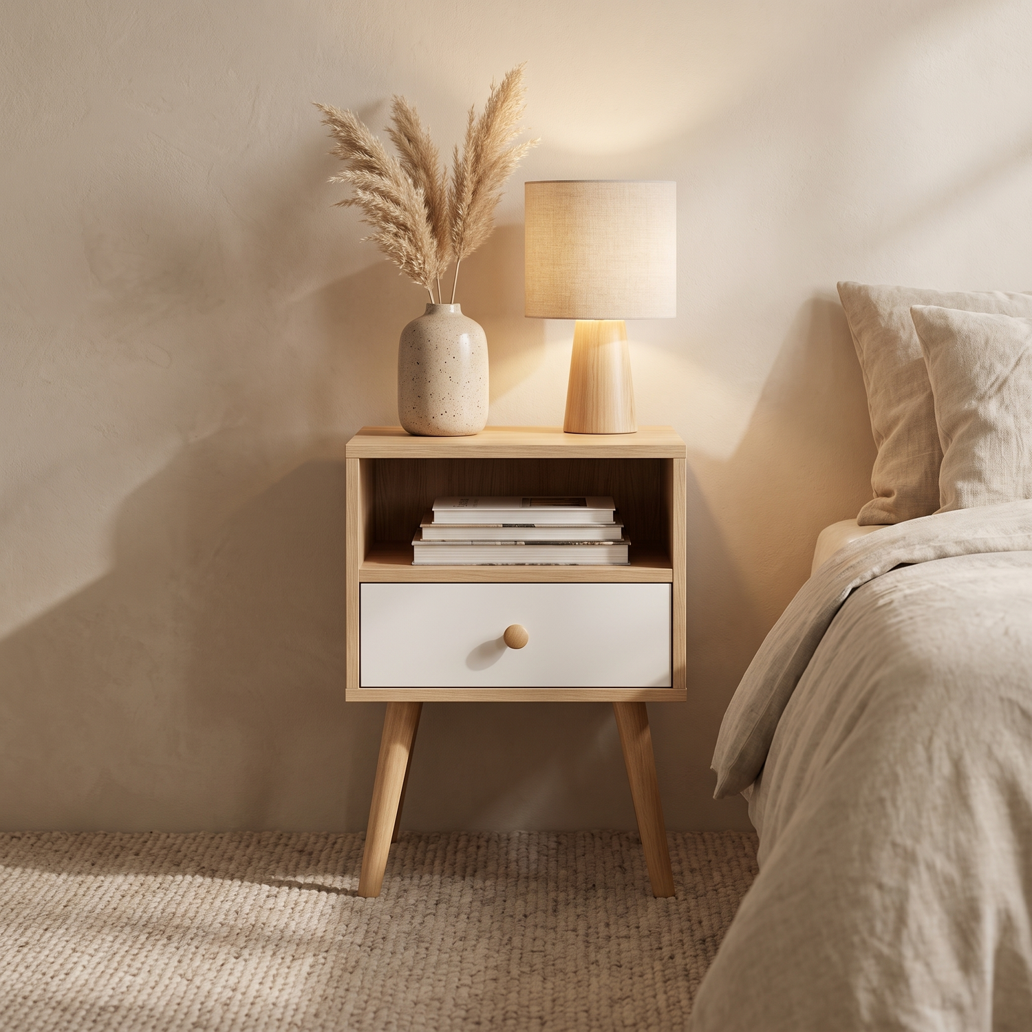 Alvorum Norda Minimalist Two-Drawer Nightstand styled with lamp, books, and vase in a minimalist interior