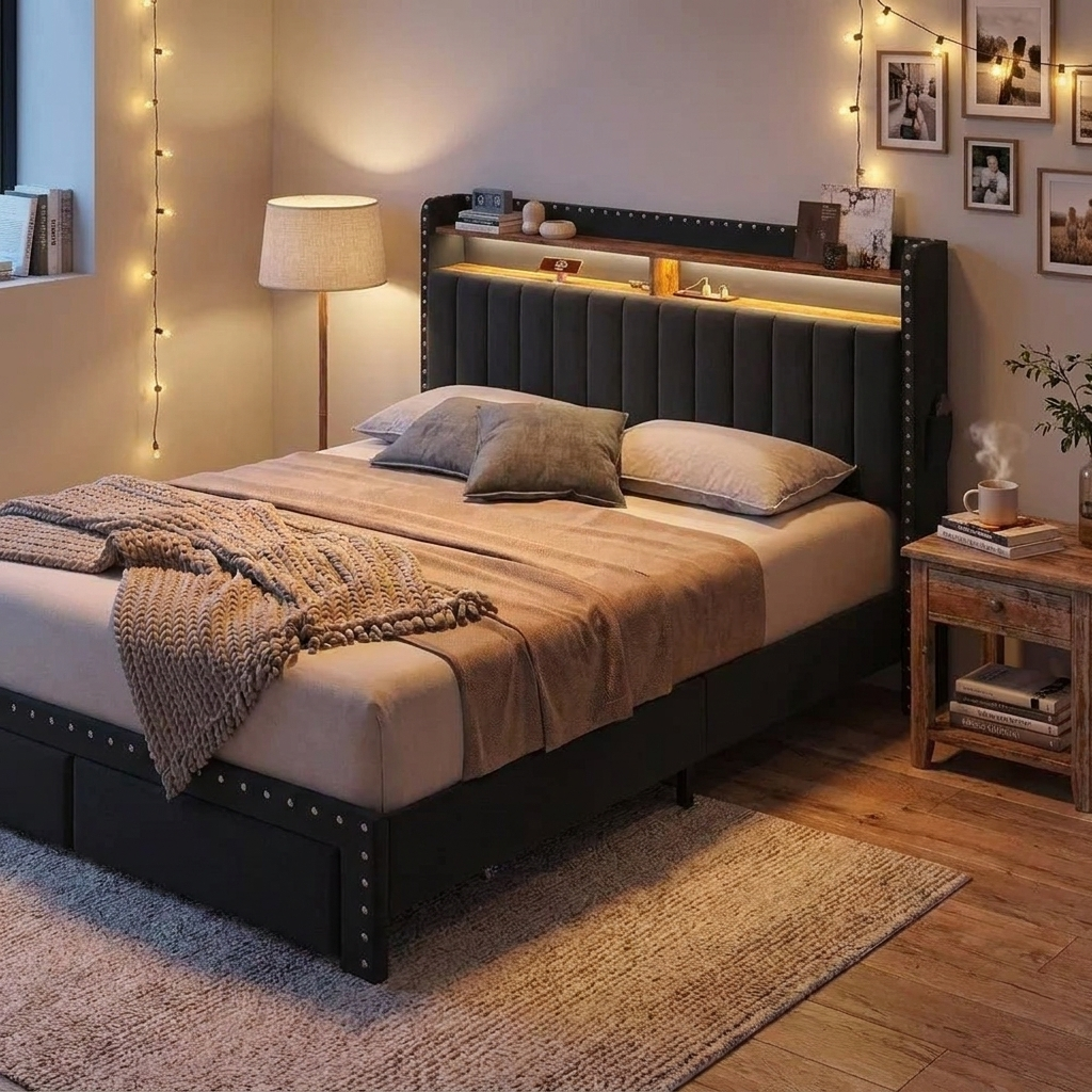 Upholstered bed frame - lifestyle evening