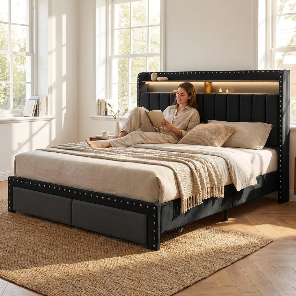 Upholstered bed frame - lifestyle in use