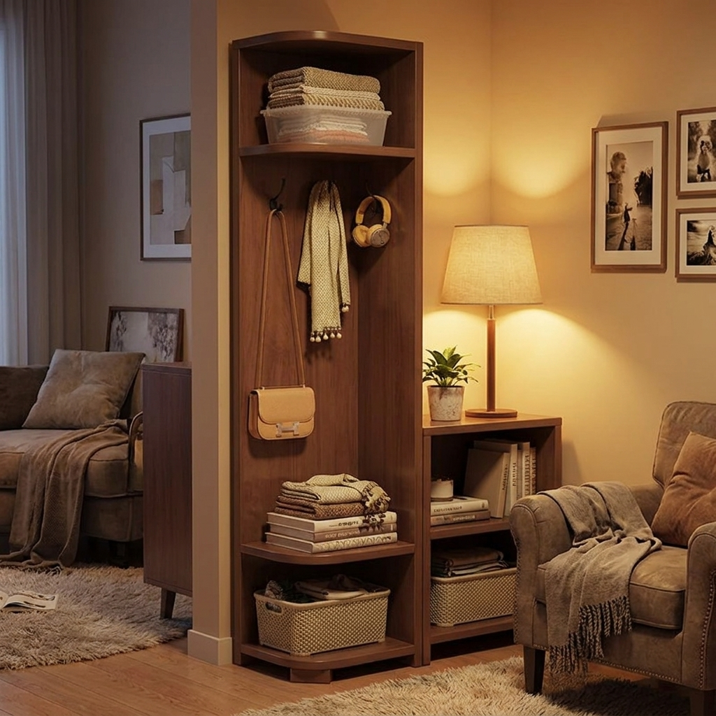 Corner coat rack cabinet - lifestyle evening