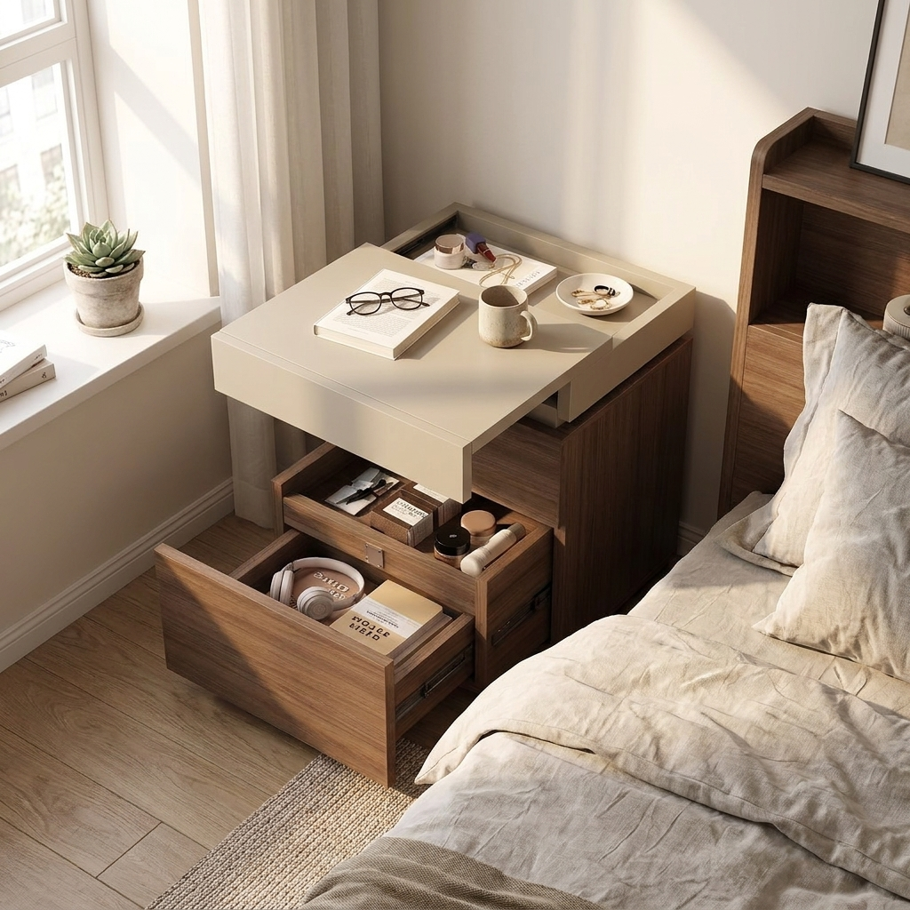 Hidden compartment bedside table - lifestyle bedroom