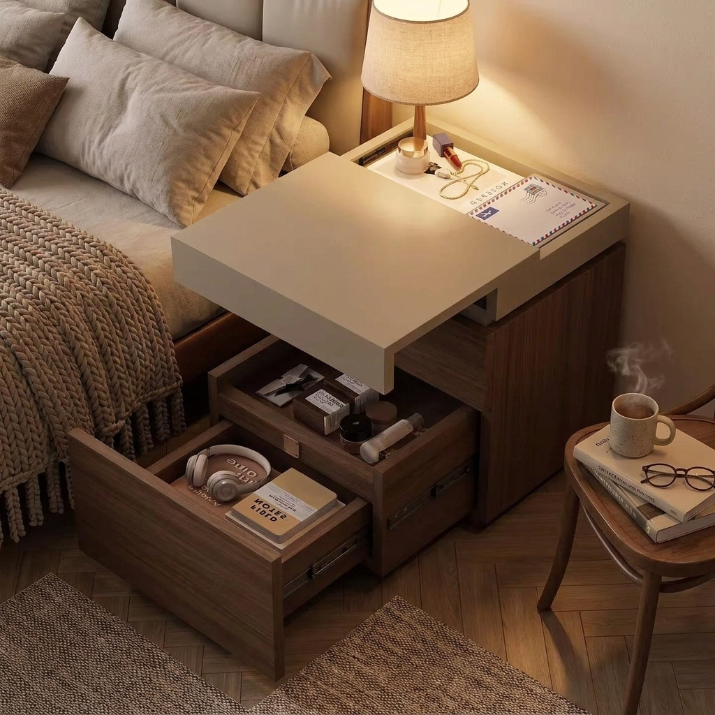 Hidden compartment bedside table - lifestyle evening