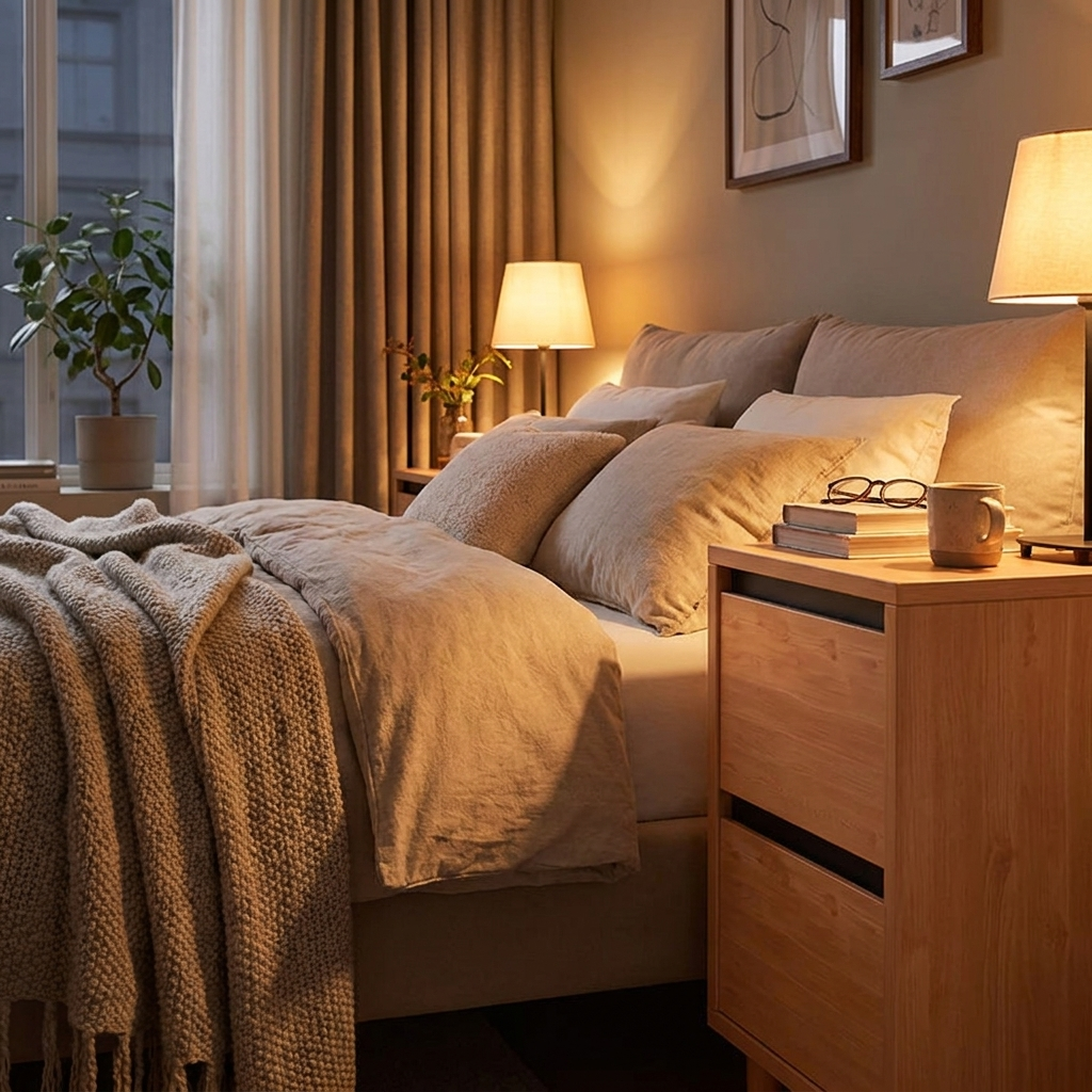 Solid wood bedside rack - lifestyle evening