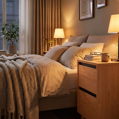 Solid wood bedside rack - lifestyle evening