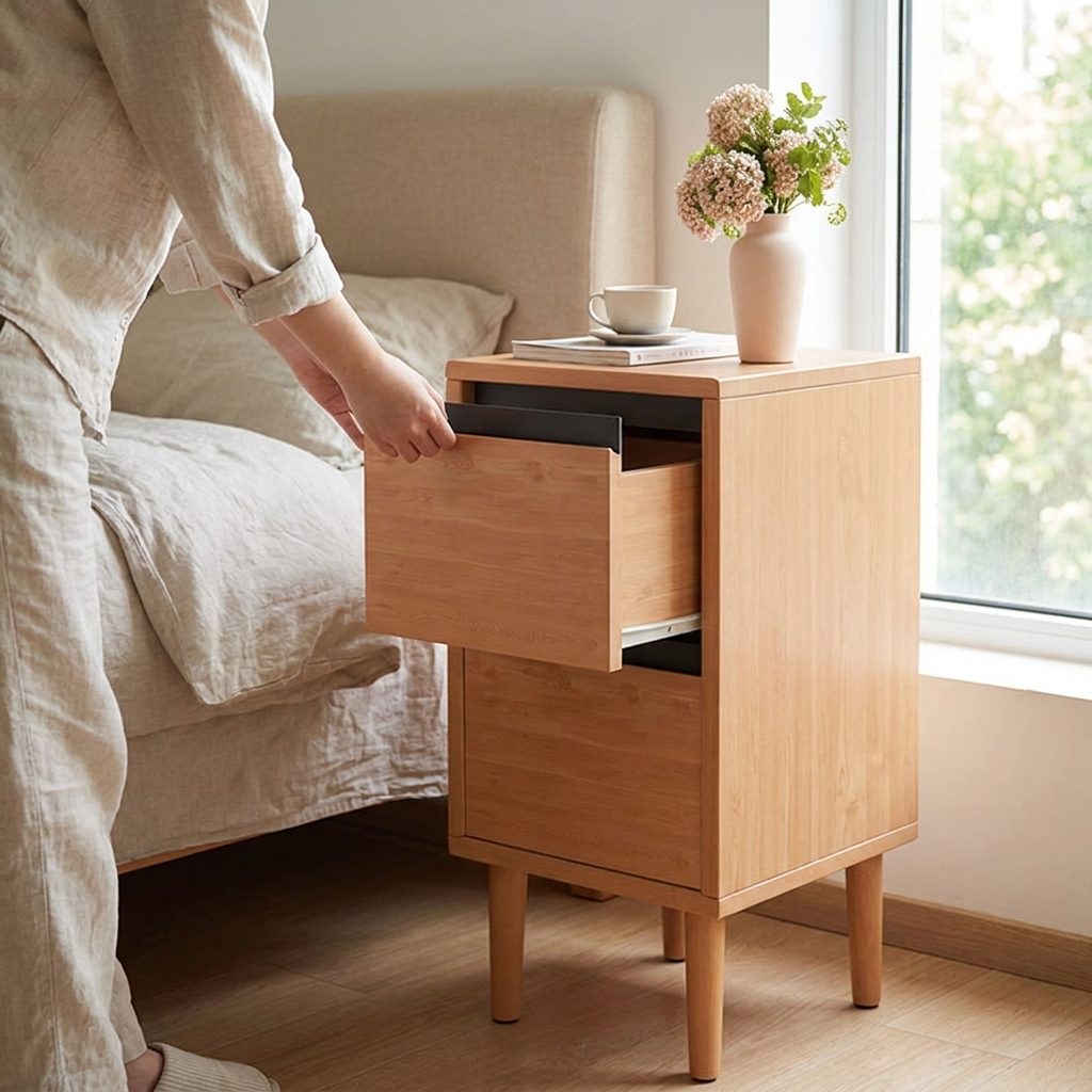 Solid wood bedside rack - lifestyle in use
