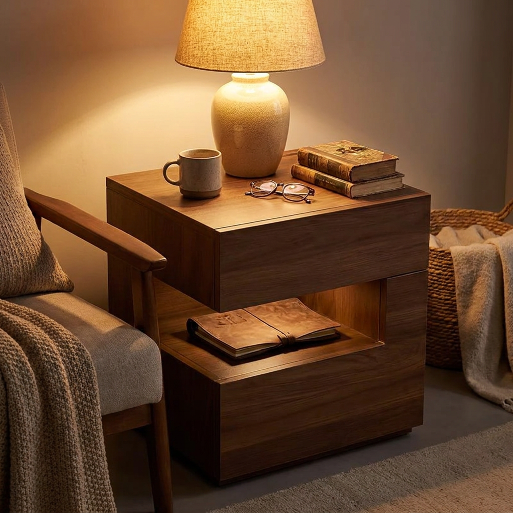 Wabi sabi floating nightstand - lifestyle evening