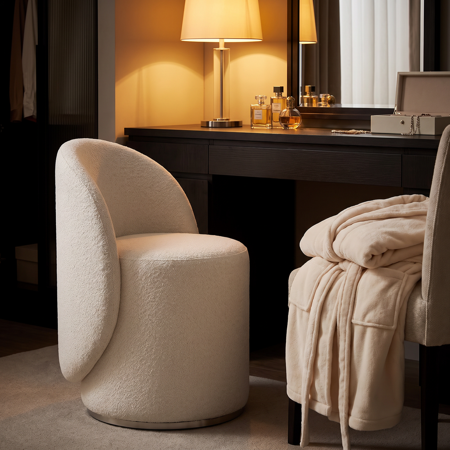 Mira upholstered vanity stool - lifestyle evening
