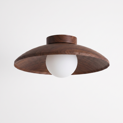 Sora wood-grain ceiling light - three quarter view from above