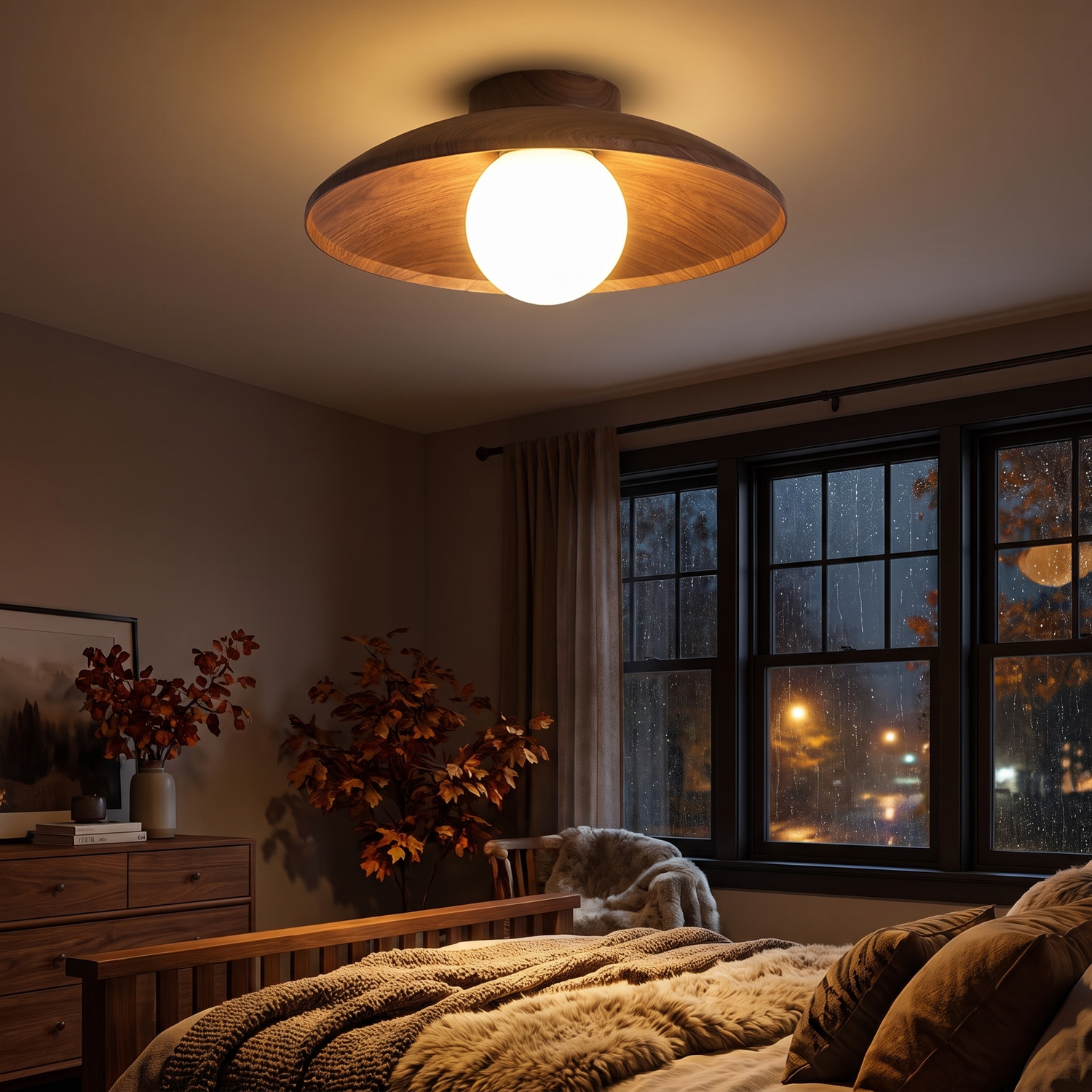 Sora wood-grain ceiling light - lifestyle evening