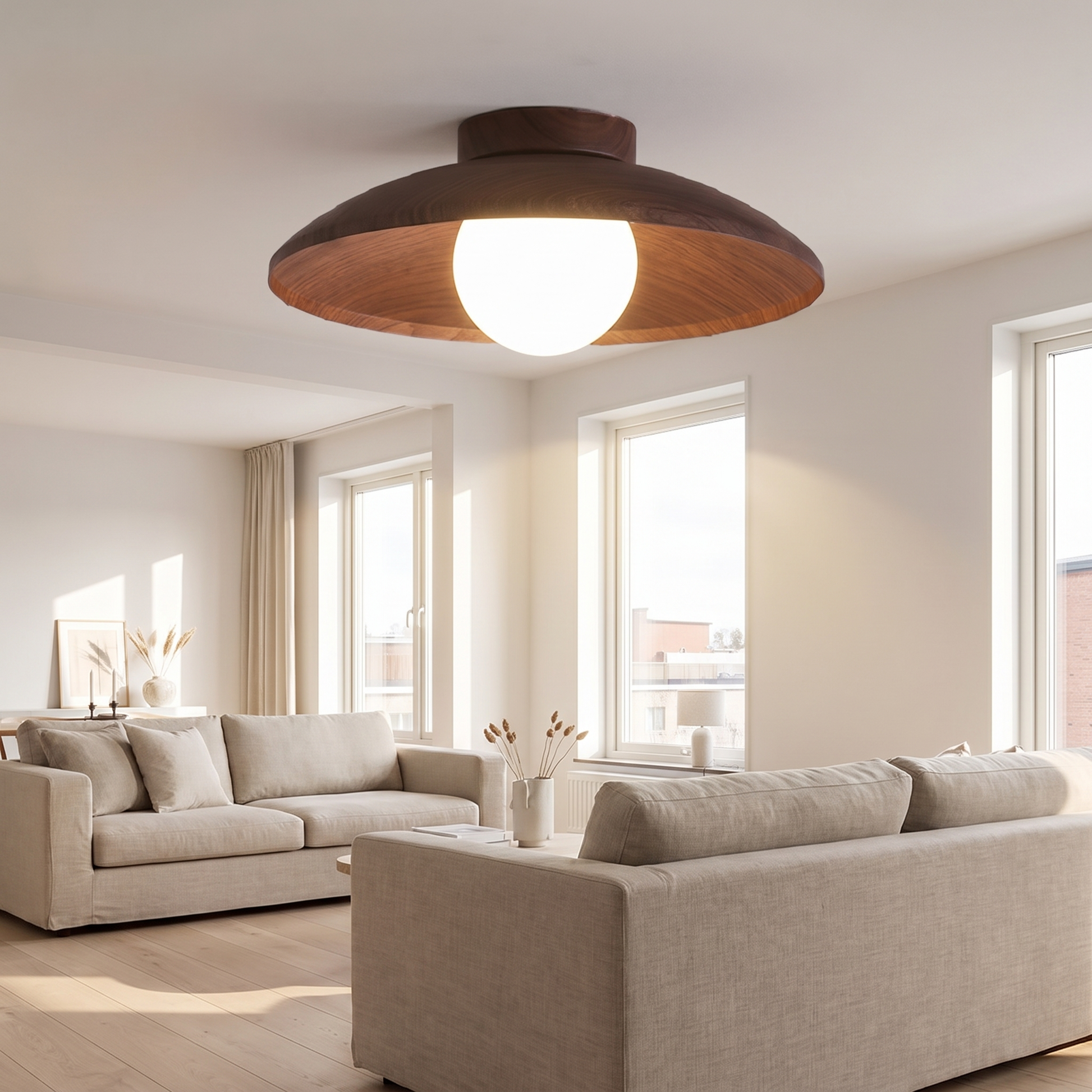 Sora wood-grain ceiling light - lifestyle living room