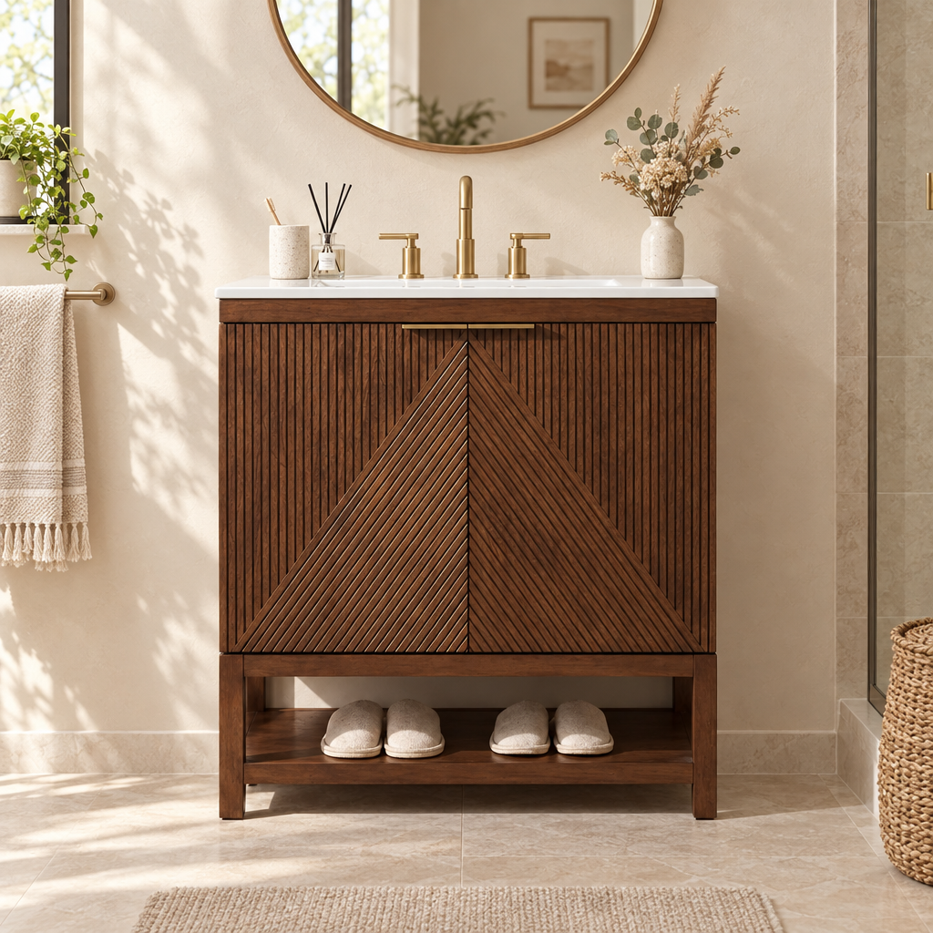 Fjora 30 Inch Bathroom Vanity with Sink Fluted Walnut Freestanding Cabinet
