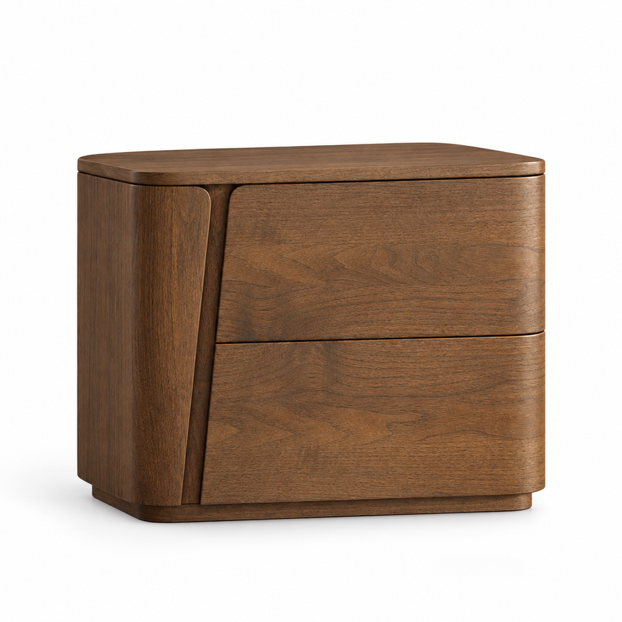 Asker Curved Walnut Nightstand Two Drawer Rounded Bedside Table