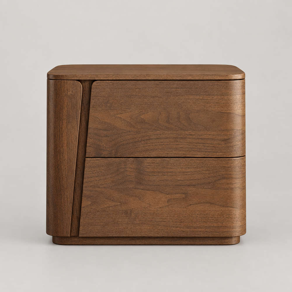 Asker Curved Walnut Nightstand Two Drawer Rounded Bedside Table
