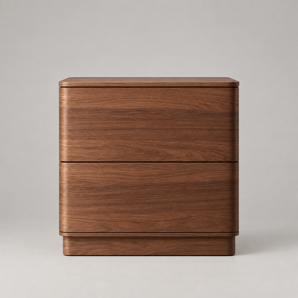 Tova Rounded Walnut Nightstands Set of 2 Push-to-Open Two Drawer Bedside Tables