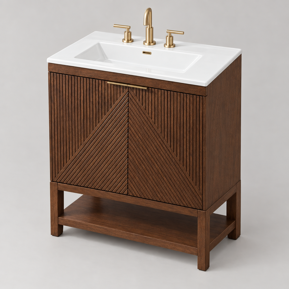 Fjora 30 Inch Bathroom Vanity with Sink Fluted Walnut Freestanding Cabinet