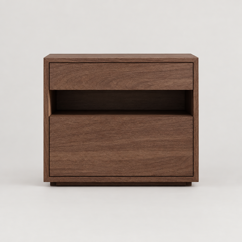 Stig Walnut Cube Nightstand Two Drawer Open Niche Bedside Table