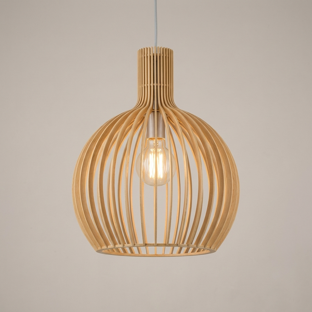 Bosk Natural Wood Slatted Globe Pendant Light Scandinavian Dining Kitchen Island Lamp