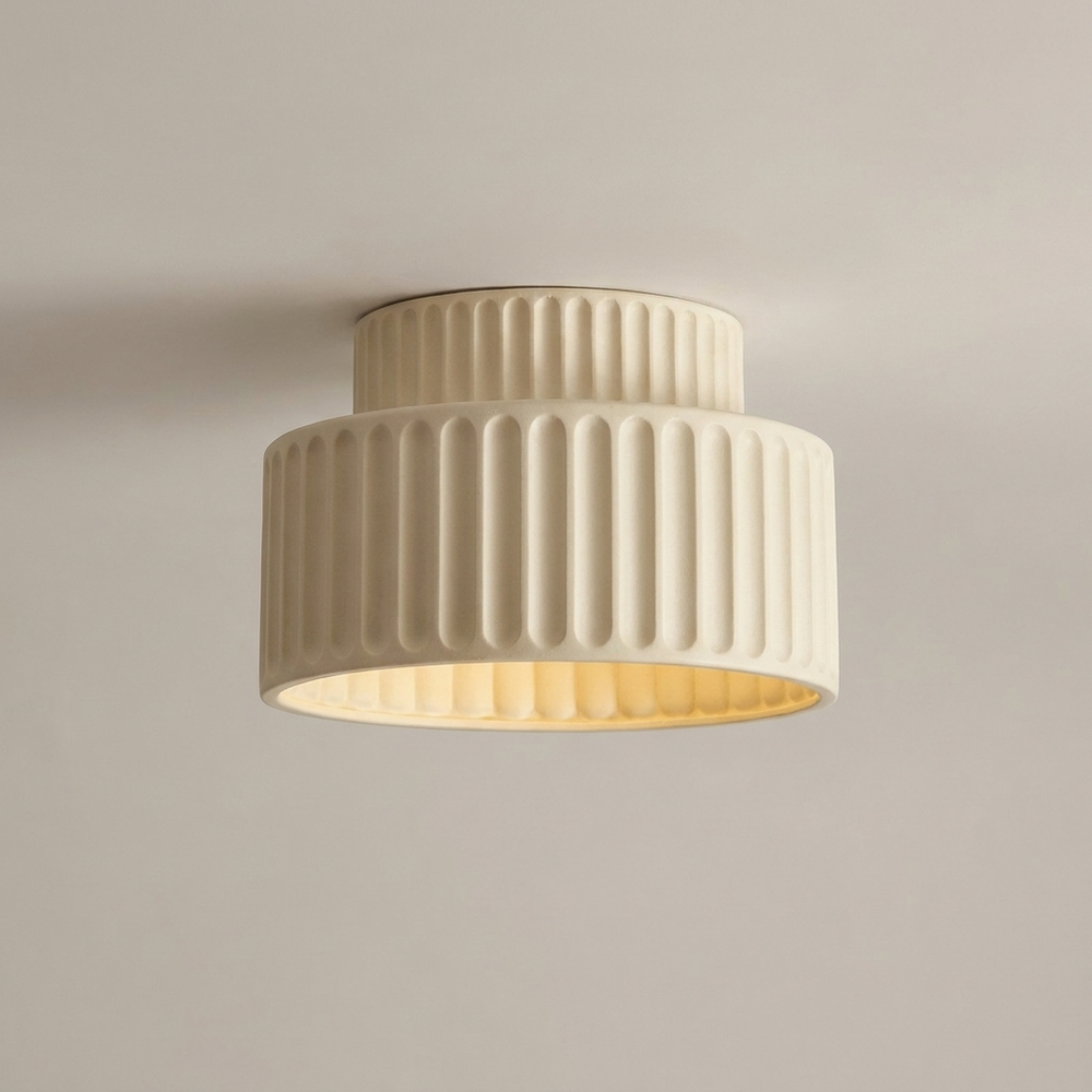 Ondra Beige Ribbed Flush Mount Ceiling Light Sculptural Resin Hallway Bedroom Lamp