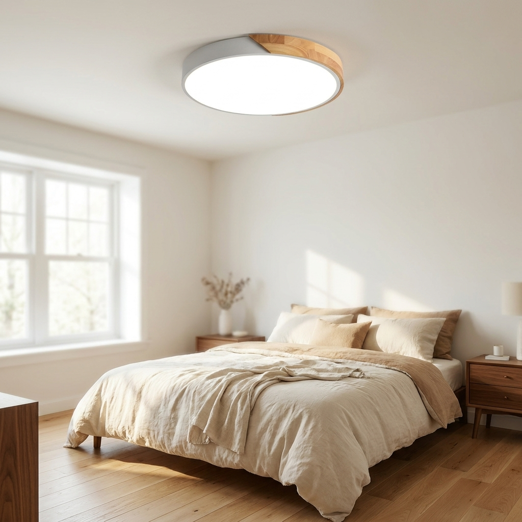 Halden White Wood-Rim LED Flush Mount Ceiling Light Nordic Bedroom Living Room Lamp