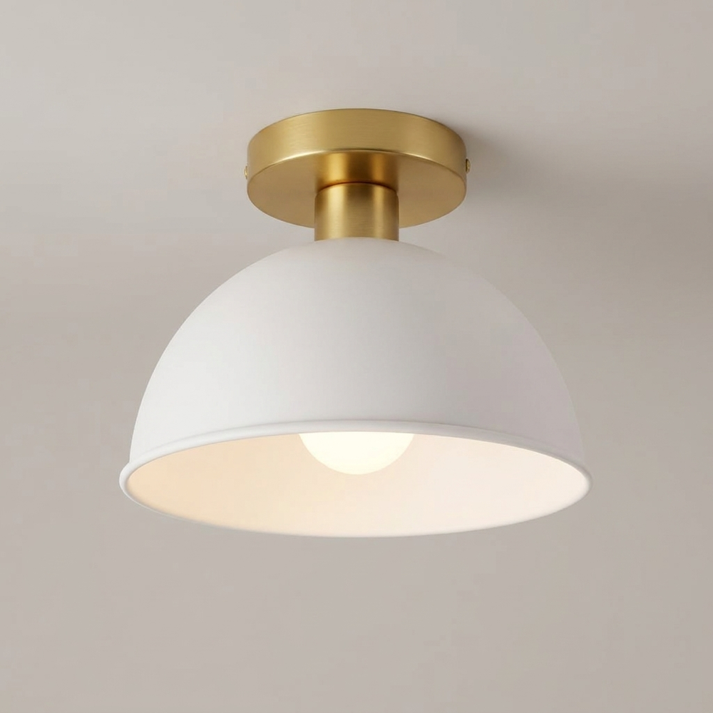 Pell White Matte Dome Semi Flush Mount Ceiling Light Brass Detail Hallway Fixture
