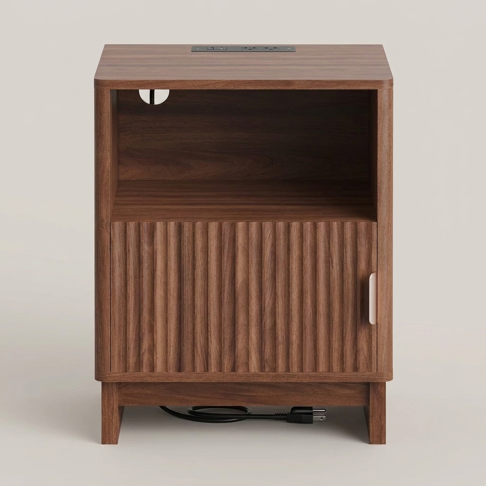 Fen Fluted Walnut Nightstand Charging Station USB-C Outlets Open Shelf Bedside Table