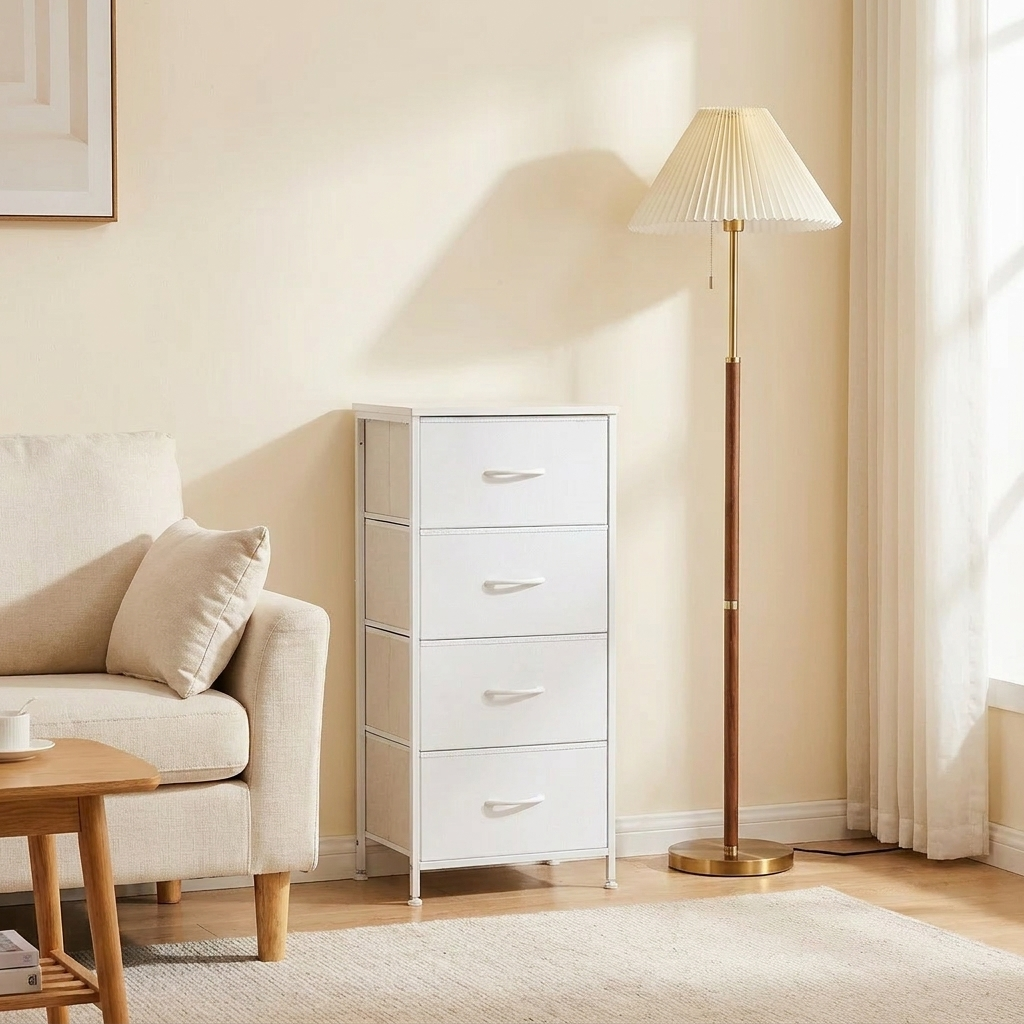 Sloane White Four Drawer Fabric Dresser Narrow Steel Frame Bedroom Storage Tower