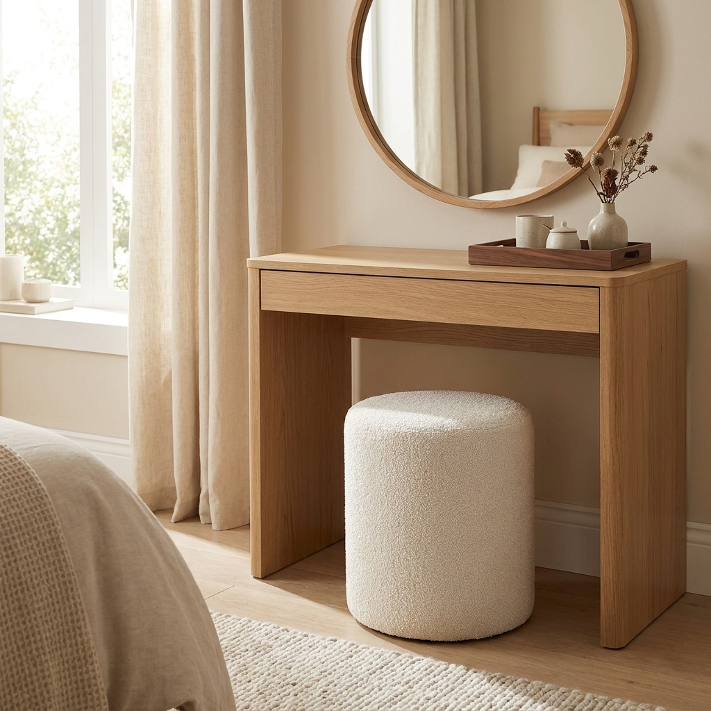 Puff White Boucle Round Vanity Stool Cylinder Makeup Seat Bedroom Ottoman