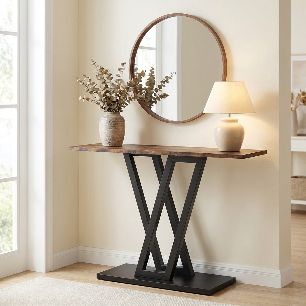 Vane Rustic Brown Console Table Black V-Frame Entryway Hallway Sofa Table