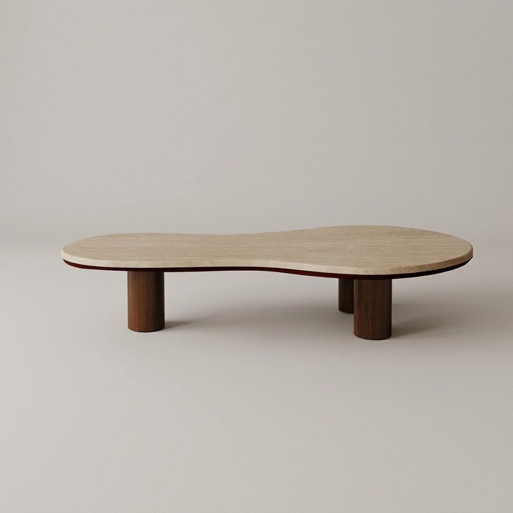 Kumo Travertine-Look Cloud Coffee Table Organic Shape Walnut Pillar Legs Living Room