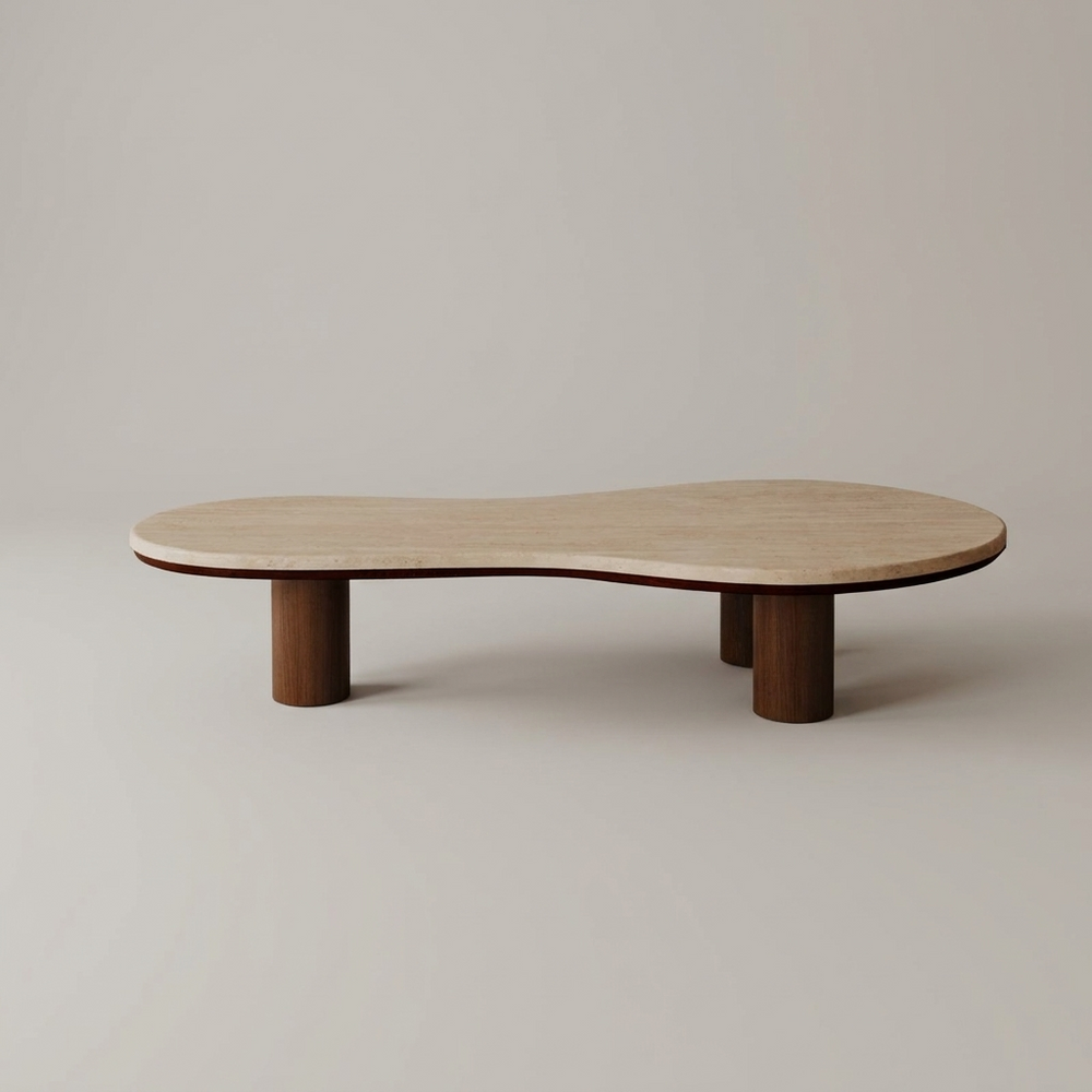 Kumo Travertine-Look Cloud Coffee Table Organic Shape Walnut Pillar Legs Living Room