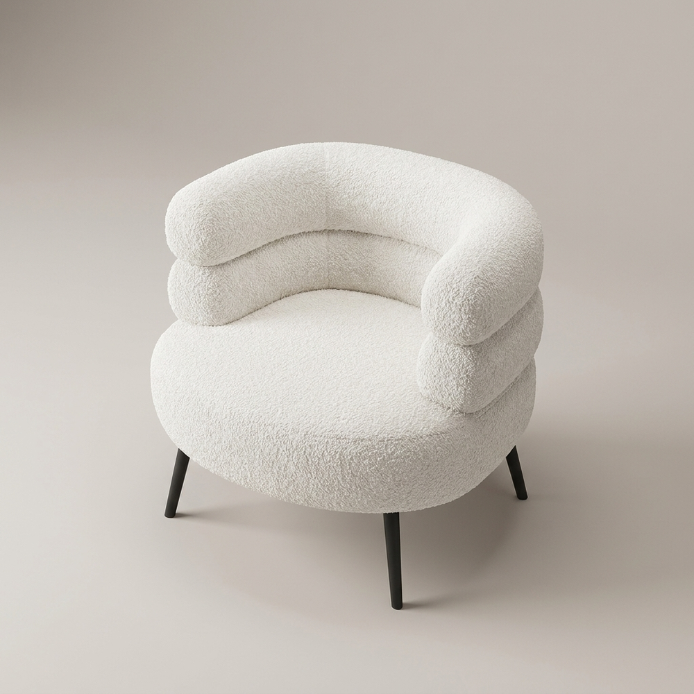 Cumulus White Boucle Tub Accent Chair Stacked Roll Back Black Legs Lounge Chair