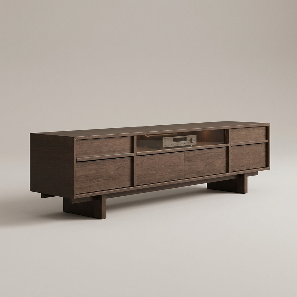 Verso Dark Walnut TV Stand 71 Inch Media Console Drawers Glass Display Niche Living Room