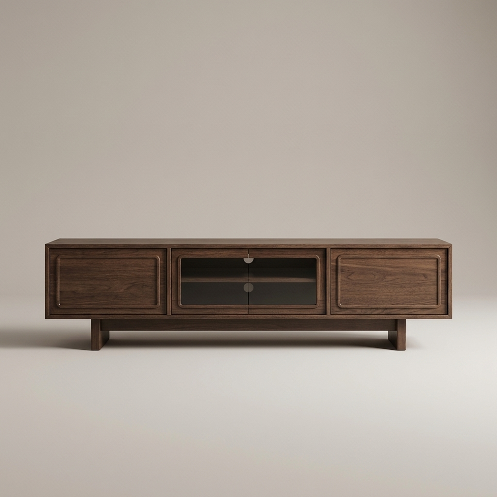 Verso Dark Walnut TV Stand 71 Inch Media Console Drawers Glass Display Niche Living Room