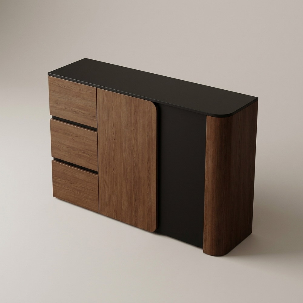 Calder Walnut Black Sideboard 52 Inch Rounded Edge Buffet Cabinet Drawers Dining Storage