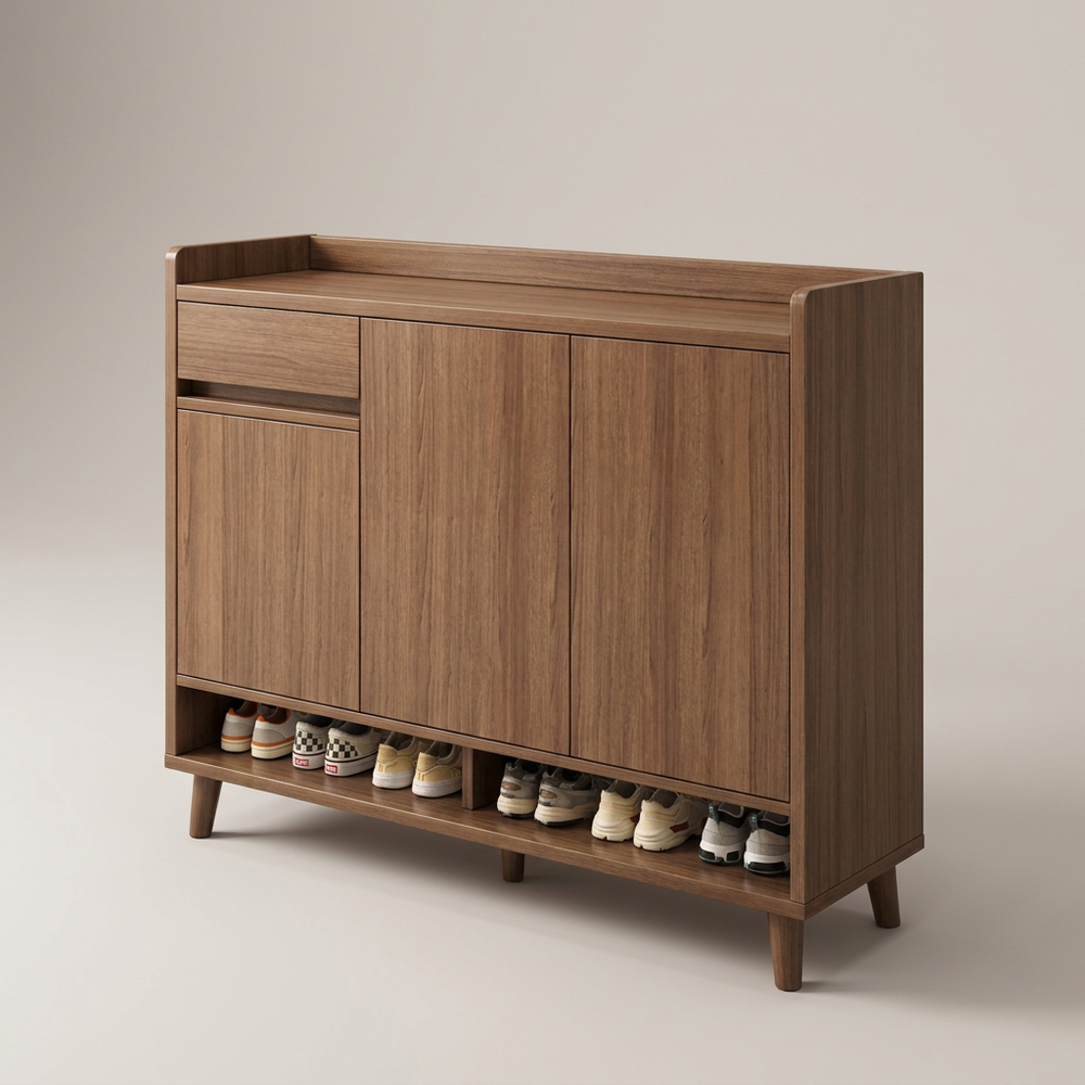 Ridge Walnut Tone Shoe Cabinet Three Door Drawer Open Shelf Entryway Storage
