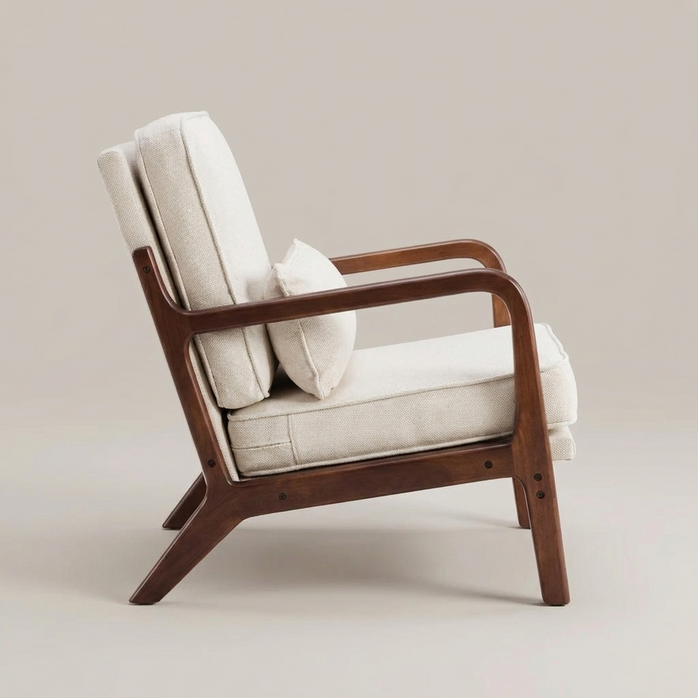 Ellis Cream Mid-Century Accent Chair Solid Wood Frame Lumbar Pillow Reading Lounge Chair