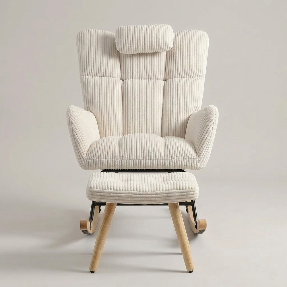Nest Beige Corduroy Nursery Rocking Chair with Ottoman High Back Glider Side Pocket