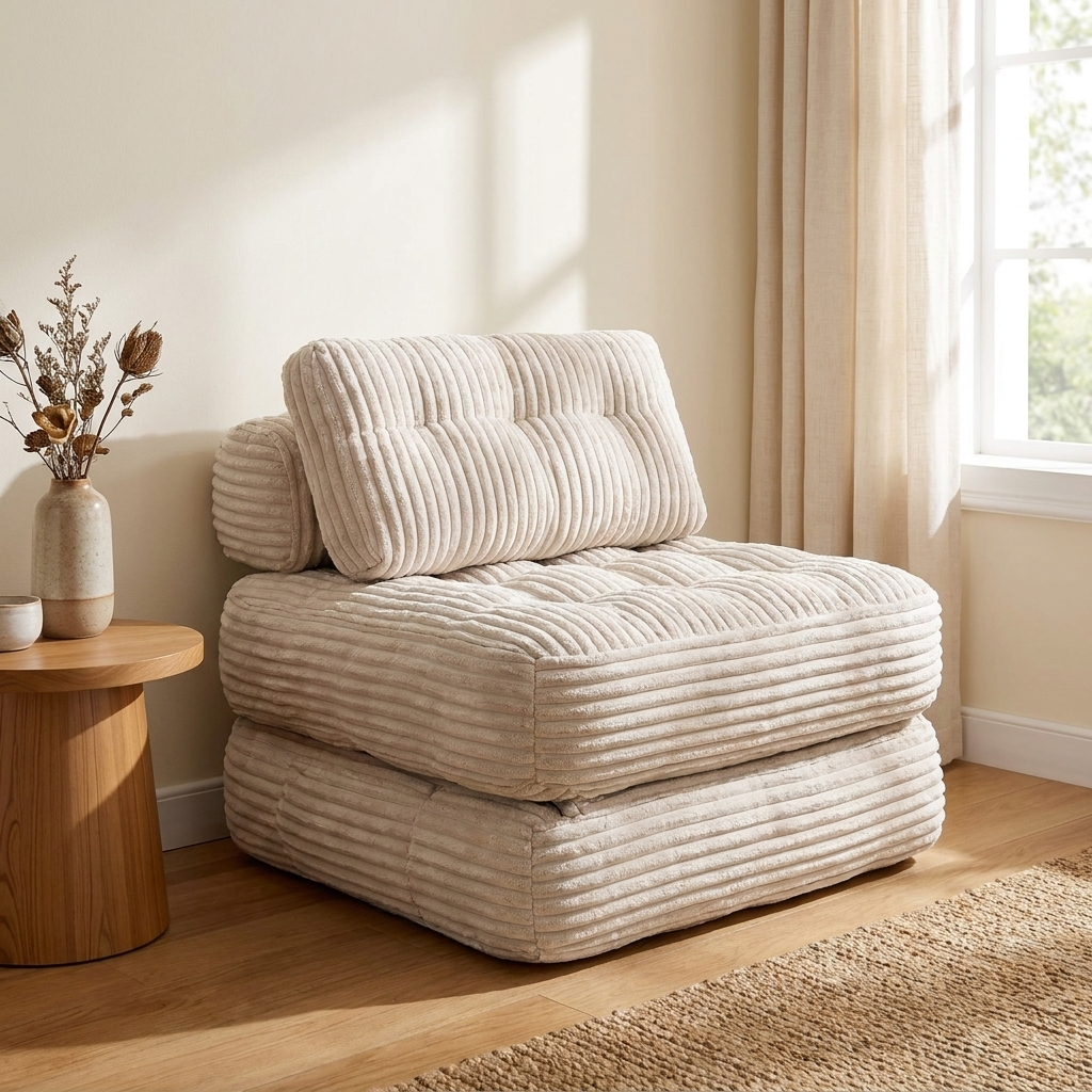 Drift Beige Corduroy Folding Sofa Bed Chair Floor Lounger 3-in-1 Sleeper Memory Foam