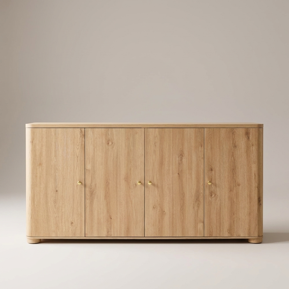Maren Natural Oak Curved Buffet Cabinet 66 Inch Four Door Sideboard Gold Handles