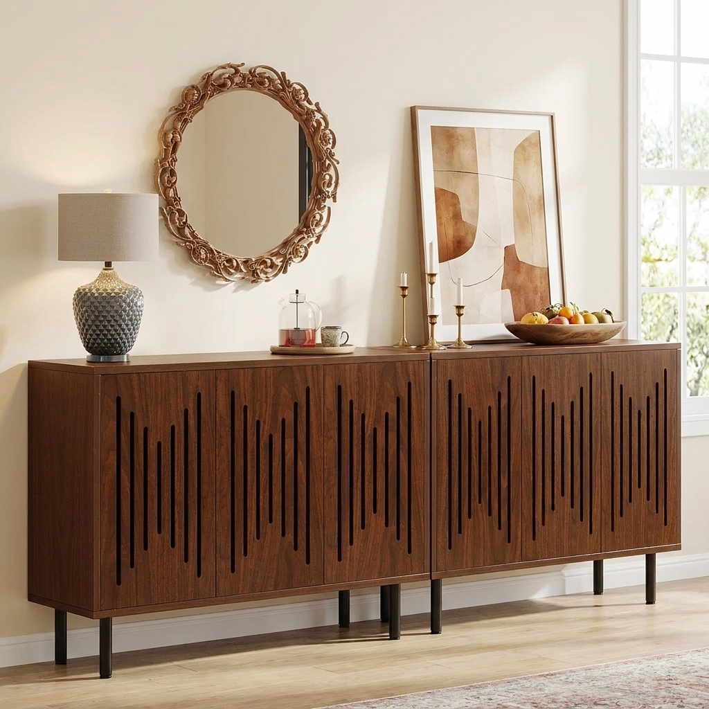Sorrel Walnut Grooved Sideboard Set of Two 59 Inch Buffet Cabinets Adjustable Shelves