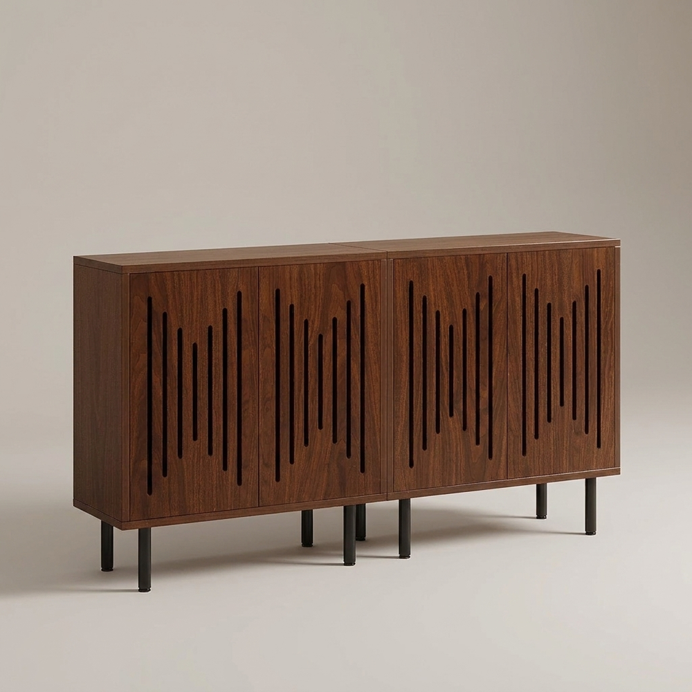 Sorrel Walnut Grooved Sideboard Set of Two 59 Inch Buffet Cabinets Adjustable Shelves